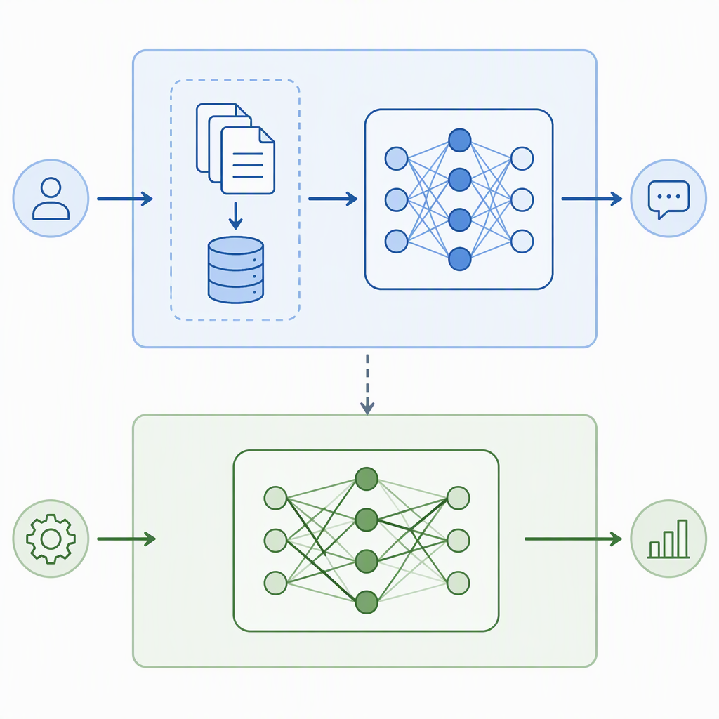 Diagram contrasting a retrieval-augmented generation pipeline with a fine-tuned model weight adjustment