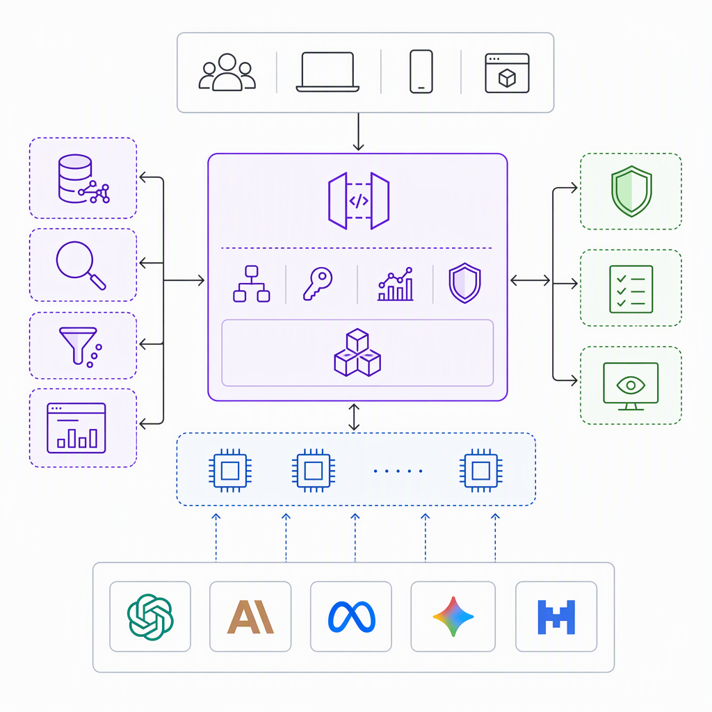 Architecture diagram of Amazon Bedrock connecting multiple foundation models through a unified managed API with knowledge base and guardrail modules