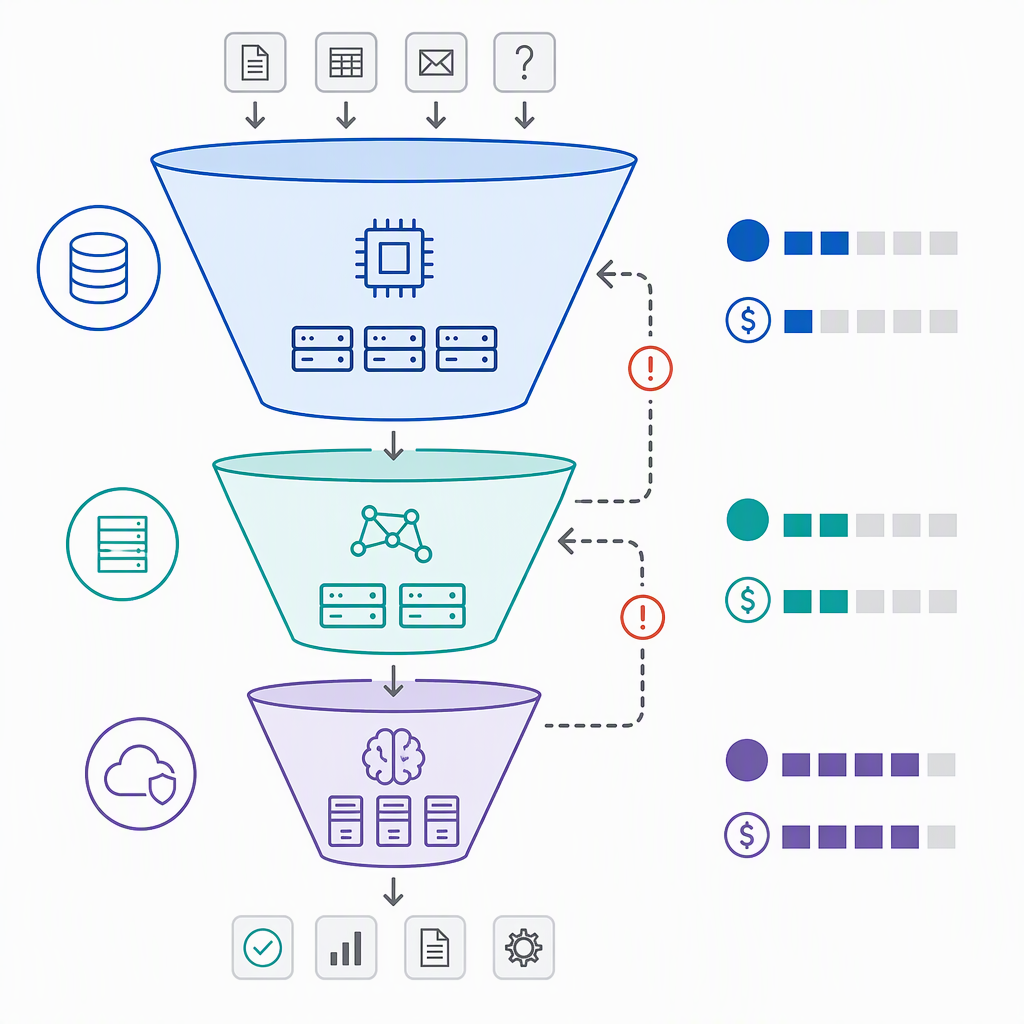 Decision funnel diagram showing tasks starting at a cheap model tier and escalating upward only when needed