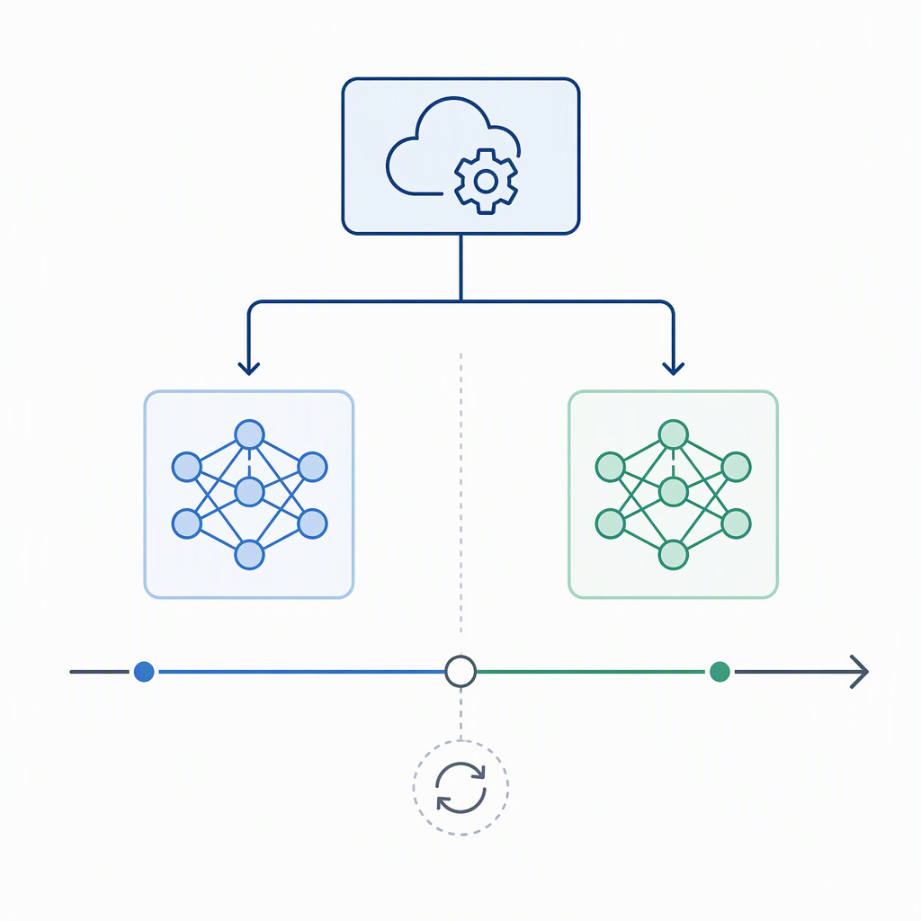 Diagram showing a stable API model name silently routed to different underlying model versions over time