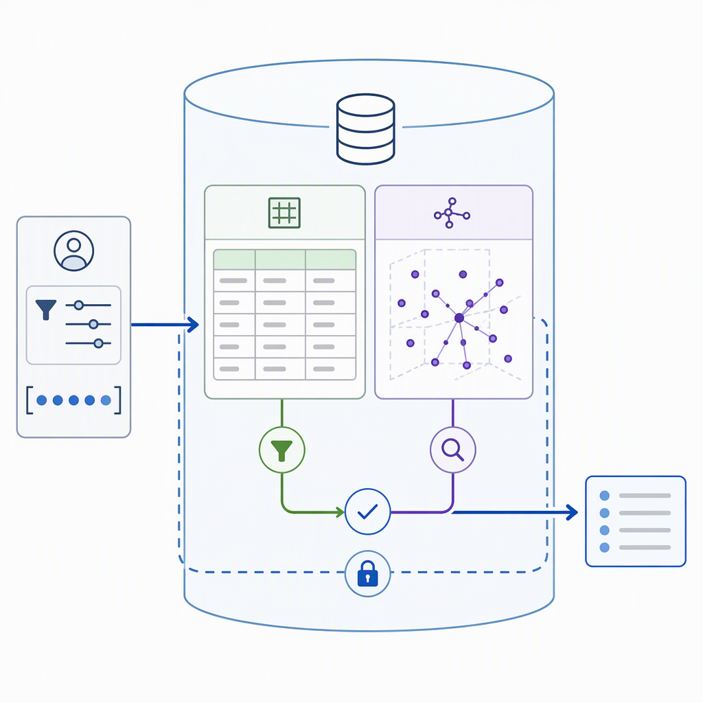 Diagram showing a single database resolving a filtered vector similarity query against transactional data in one query